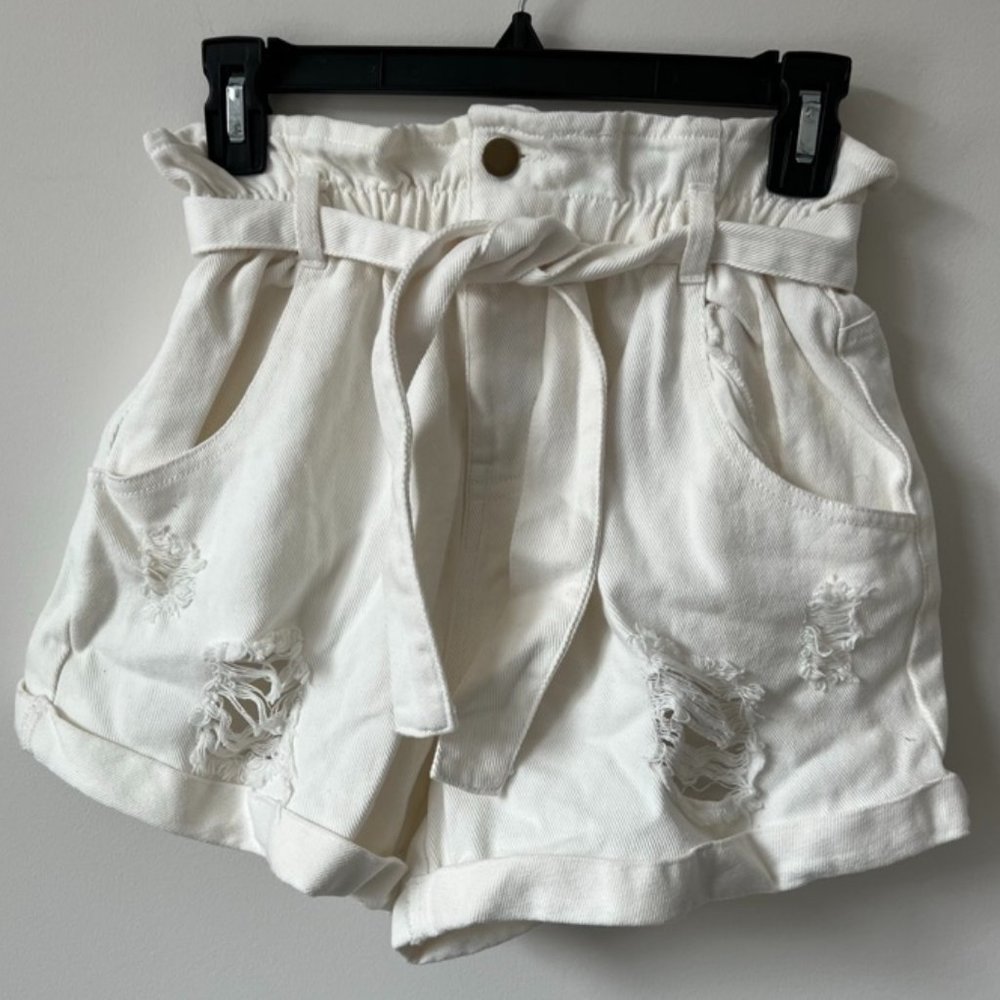 HYFVE High Waisted Shorts, Distressed White Denim Paper Bag Shorts, Medium